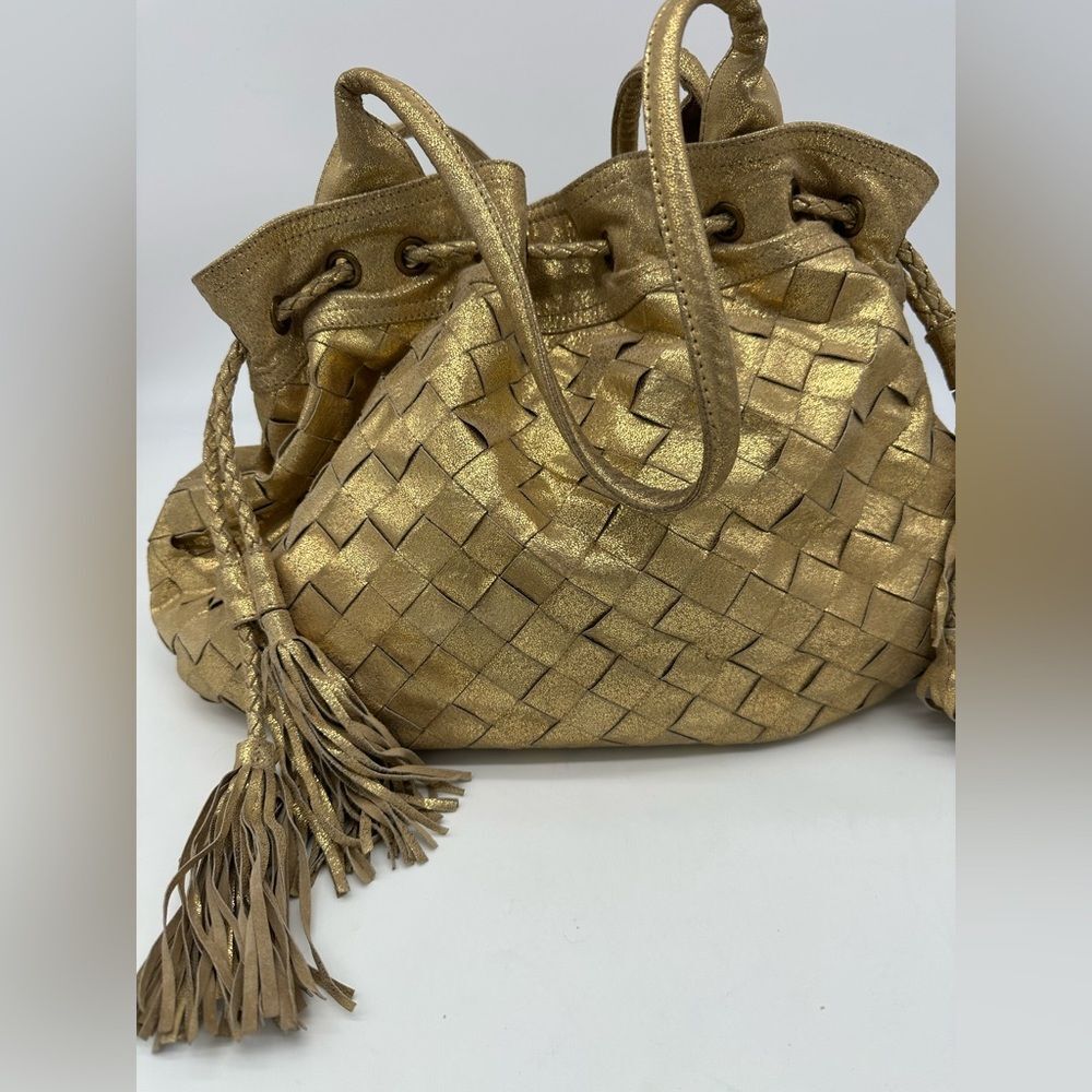 Gold Metallic Genuine Suede Boho Hobo Shoulder Bag w/ Tassels and Woven Leather
